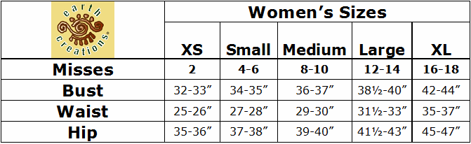 Earth Creations Size Chart