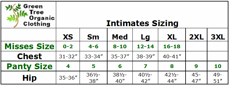Green Tree Organic Size Chart