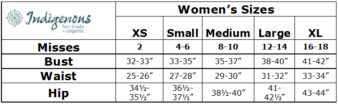 Indigenous Designs Size Chart