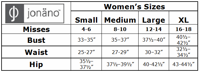 Jonano Size Chart