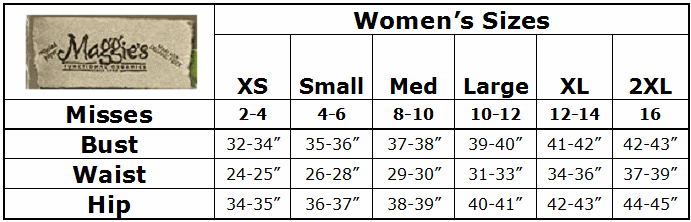 Maggie's Organics Apparel Size Chart