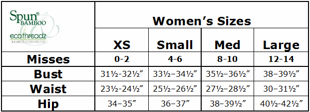Spun Bamboo Size Chart